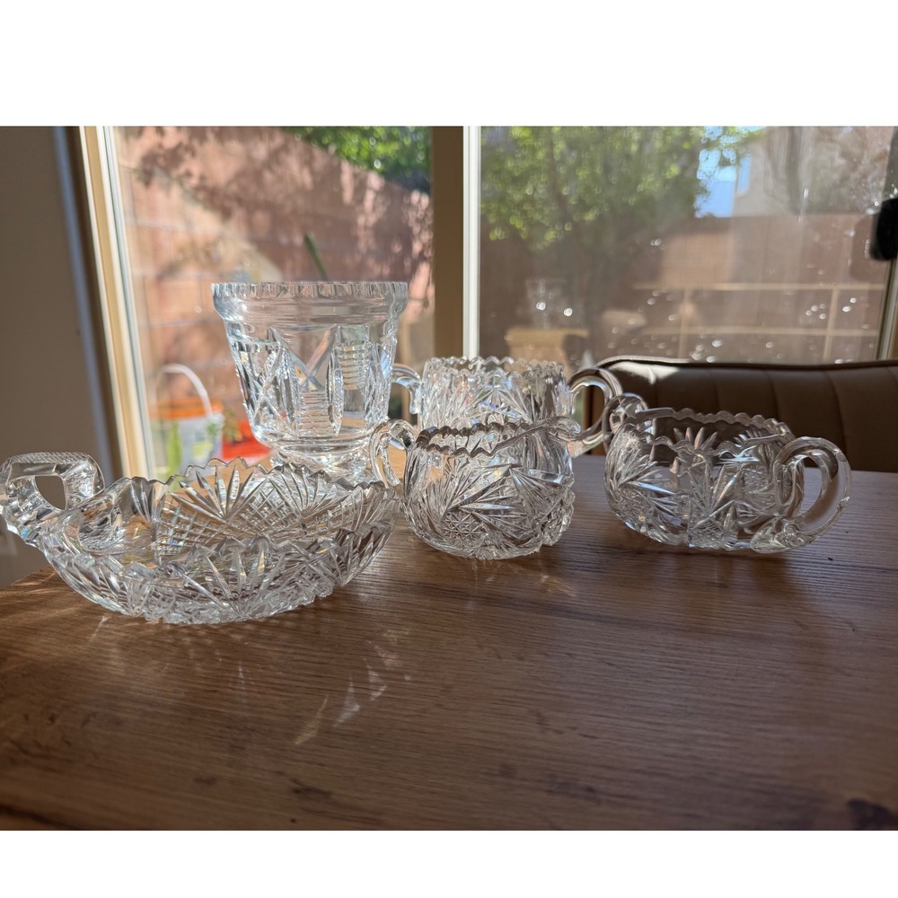 Vintage American Brilliant Style Cut Crystal Creamer Sugar Bowl & Spooner Set